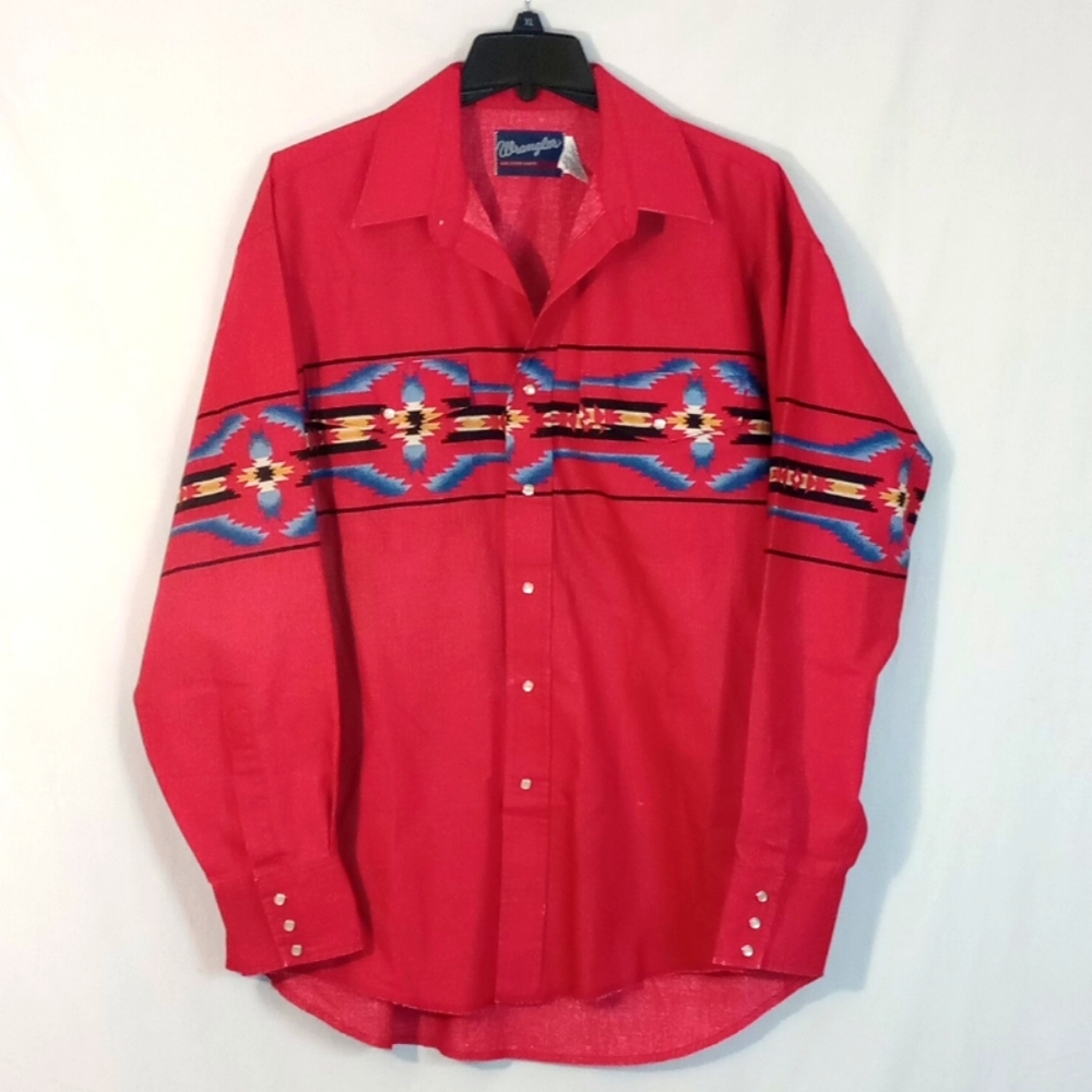 Vintage Wrangler Pearl Snap Red Button Down Shirt Geometric Western Design